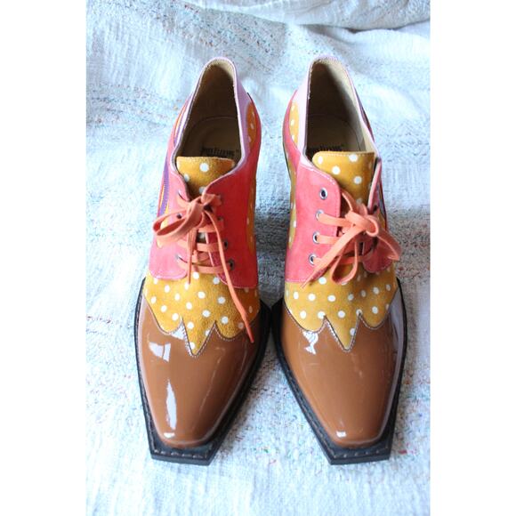 John Fluevog Dali Orange Contrast Western Lace Up Suede Heeled Shoes M10/W12 - Picture 3 of 8